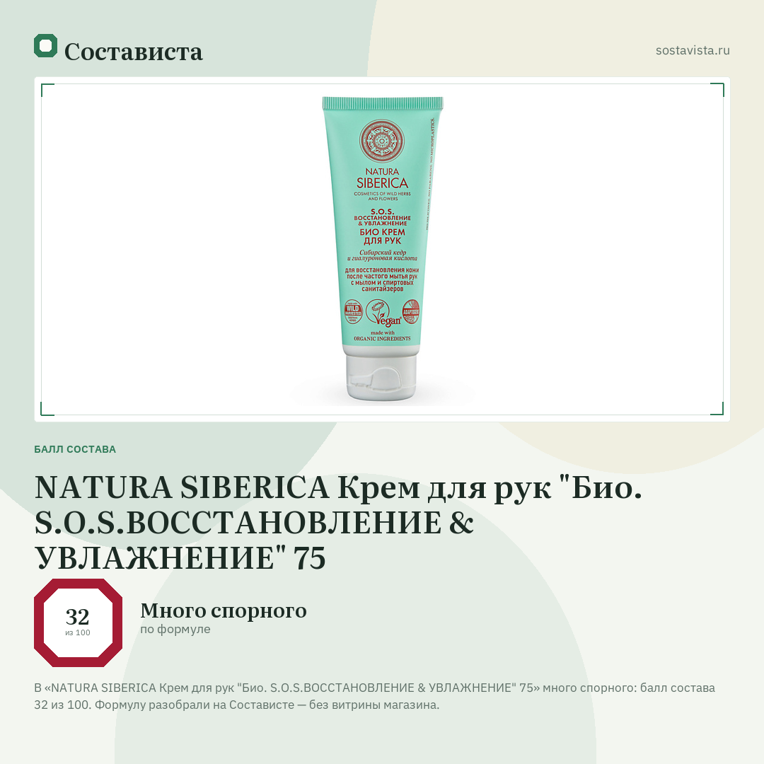 NATURA SIBERICA Крем для рук "Био. S.O.S.ВОССТАНОВЛЕНИЕ & УВЛАЖНЕНИЕ" 75: балл состава 32 из 100 — Состависта