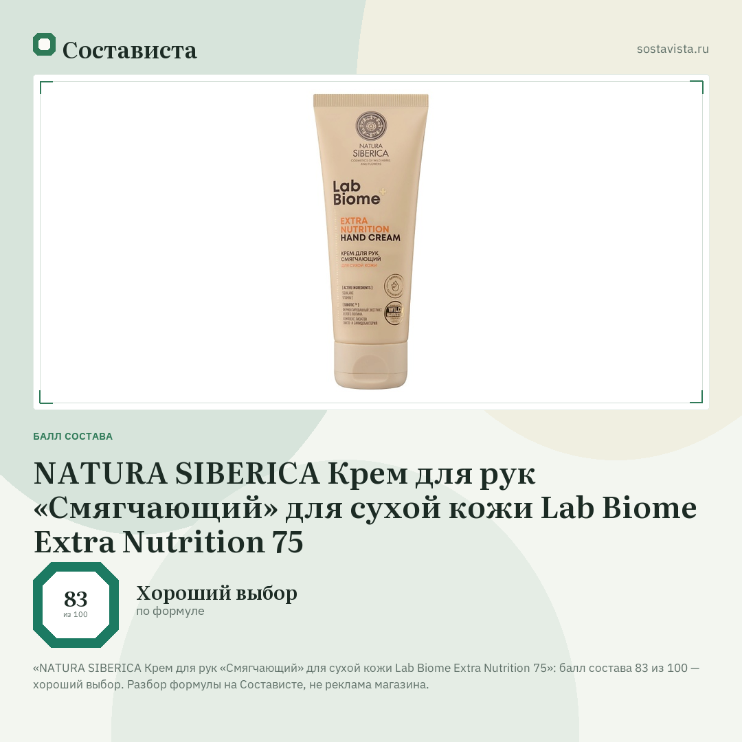 NATURA SIBERICA Крем для рук «Смягчающий» для сухой кожи Lab Biome Extra Nutrition 75: балл состава 83 из 100 — Состависта