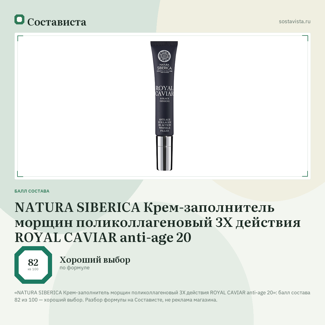 NATURA SIBERICA Крем-заполнитель морщин поликоллагеновый 3Х действия ROYAL CAVIAR anti-age 20: балл состава 82 из 100 — Состависта