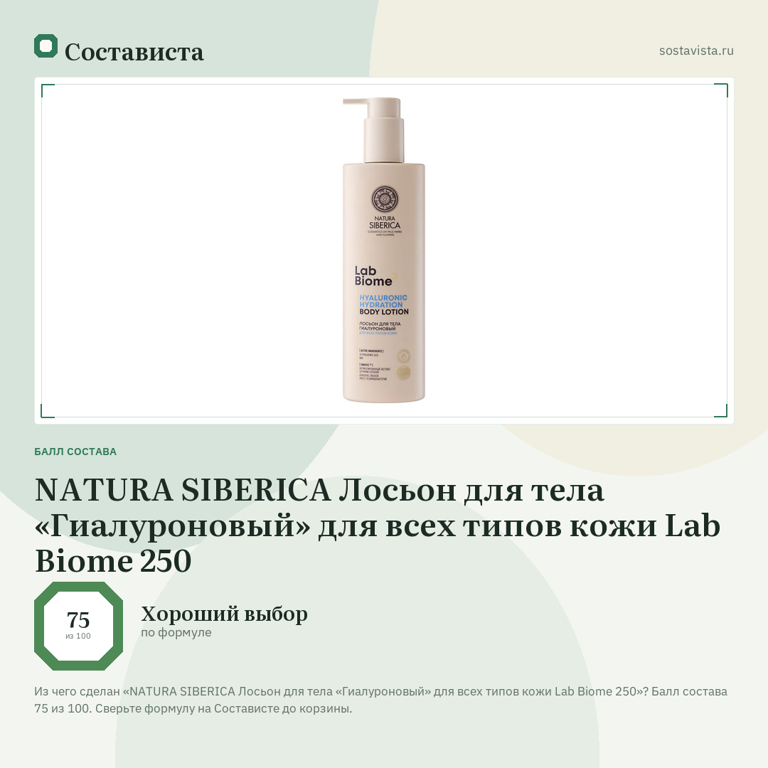NATURA SIBERICA Лосьон для тела «Гиалуроновый» для всех типов кожи Lab Biome 250: балл состава 75 из 100 — Состависта