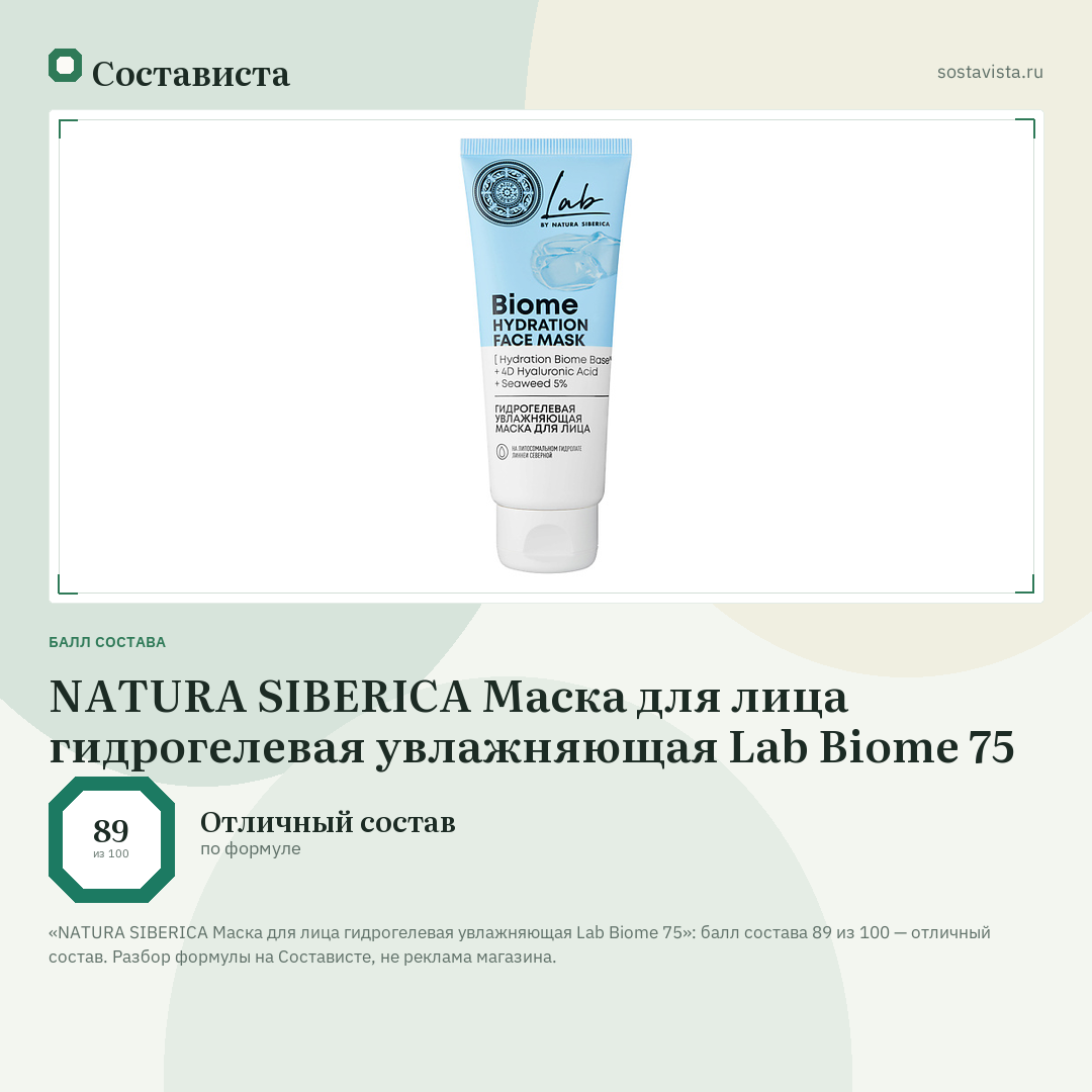 NATURA SIBERICA Маска для лица гидрогелевая увлажняющая Lab Biome 75: балл состава 89 из 100 — Состависта