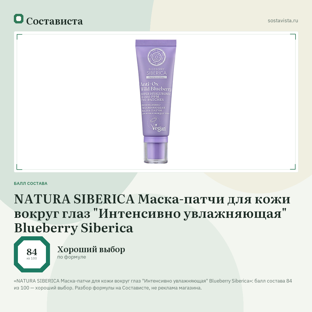 NATURA SIBERICA Маска-патчи для кожи вокруг глаз "Интенсивно увлажняющая" Blueberry Siberica: балл состава 84 из 100 — Состависта