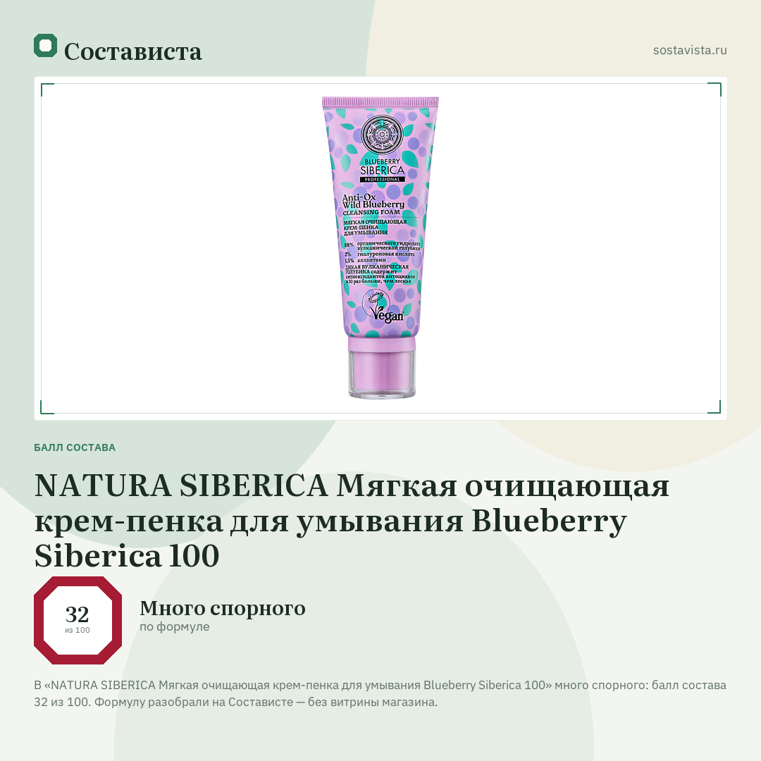 NATURA SIBERICA Мягкая очищающая крем-пенка для умывания Blueberry Siberica 100: балл состава 32 из 100 — Состависта