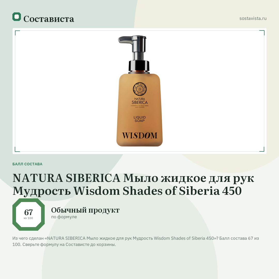 NATURA SIBERICA Мыло жидкое для рук Мудрость Wisdom Shades of Siberia 450: балл состава 67 из 100 — Состависта