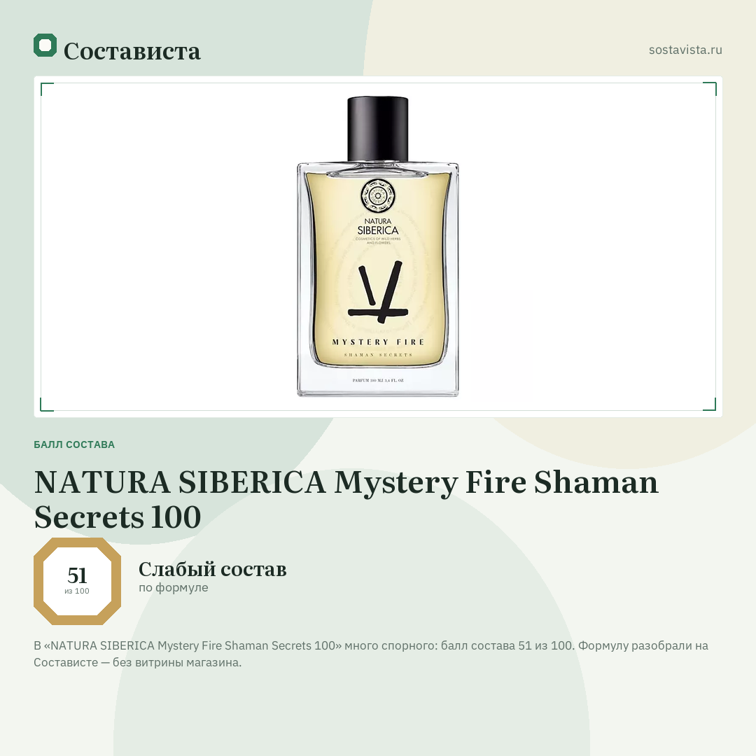NATURA SIBERICA Mystery Fire Shaman Secrets 100: балл состава 51 из 100 — Состависта