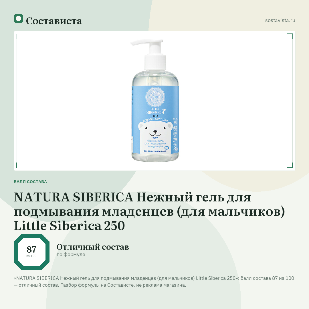 NATURA SIBERICA Нежный гель для подмывания младенцев (для мальчиков) Little Siberica 250: балл состава 87 из 100 — Состависта