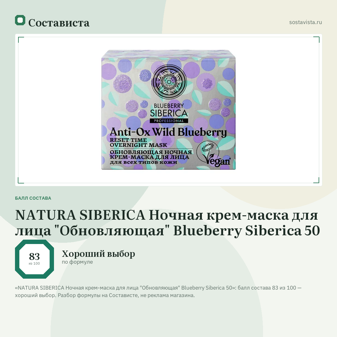 NATURA SIBERICA Ночная крем-маска для лица "Обновляющая" Blueberry Siberica 50: балл состава 83 из 100 — Состависта