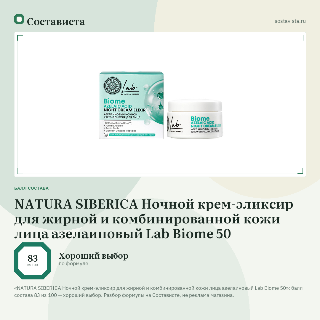 NATURA SIBERICA Ночной крем-эликсир для жирной и комбинированной кожи лица азелаиновый Lab Biome 50: балл состава 83 из 100 — Состависта