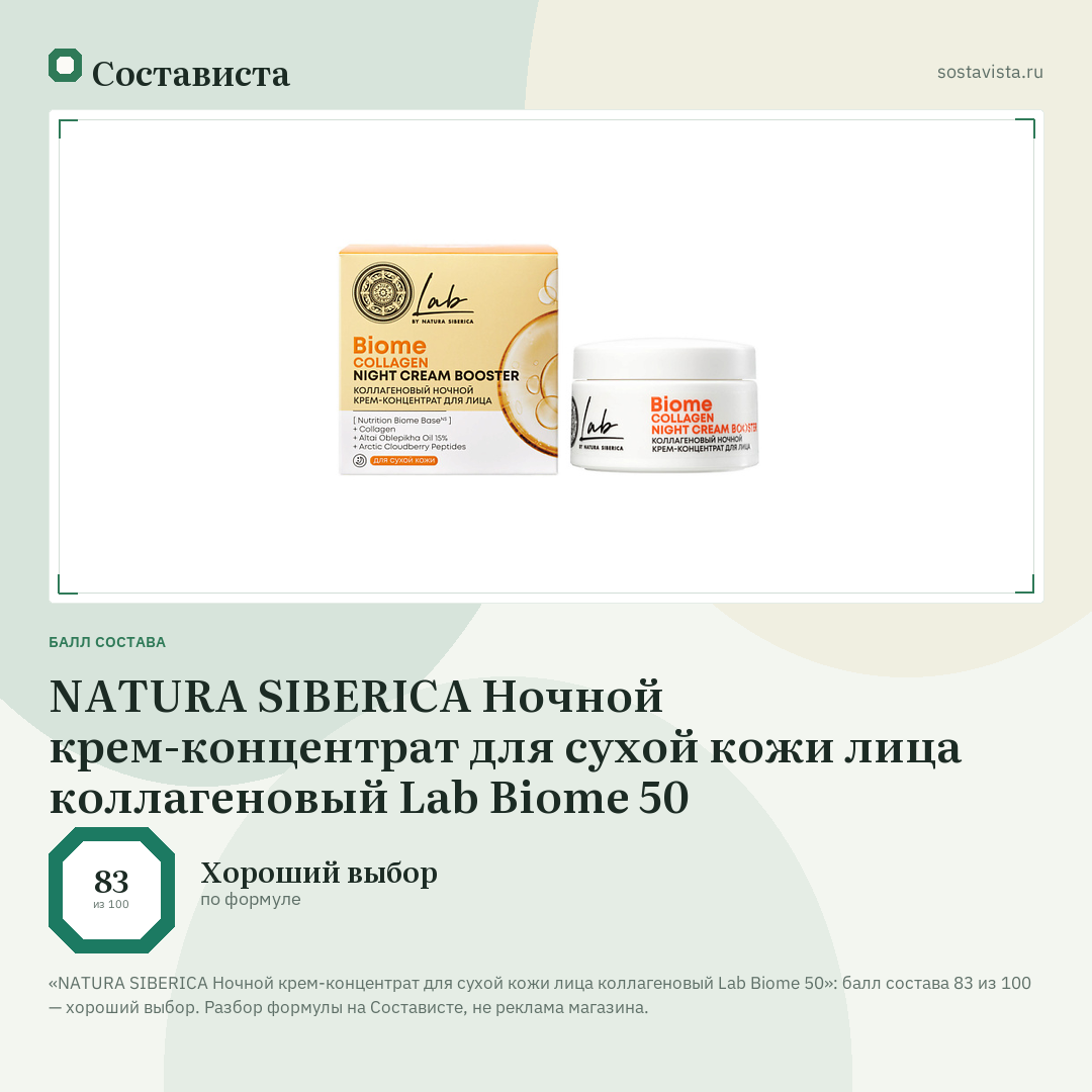 NATURA SIBERICA Ночной крем-концентрат для сухой кожи лица коллагеновый Lab Biome 50: балл состава 83 из 100 — Состависта