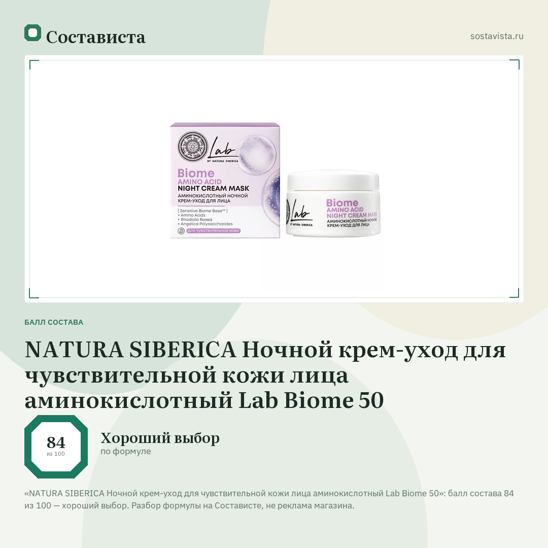 NATURA SIBERICA Ночной крем-уход для чувствительной кожи лица аминокислотный Lab Biome 50: балл состава 84 из 100 — Состависта