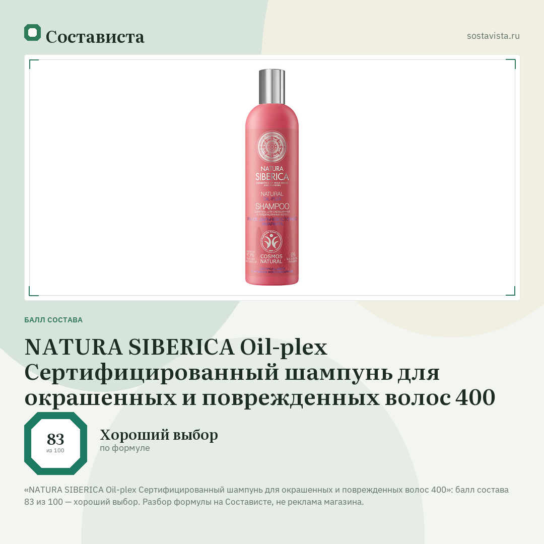 NATURA SIBERICA Oil-plex Сертифицированный шампунь для окрашенных и поврежденных волос 400: балл состава 83 из 100 — Состависта