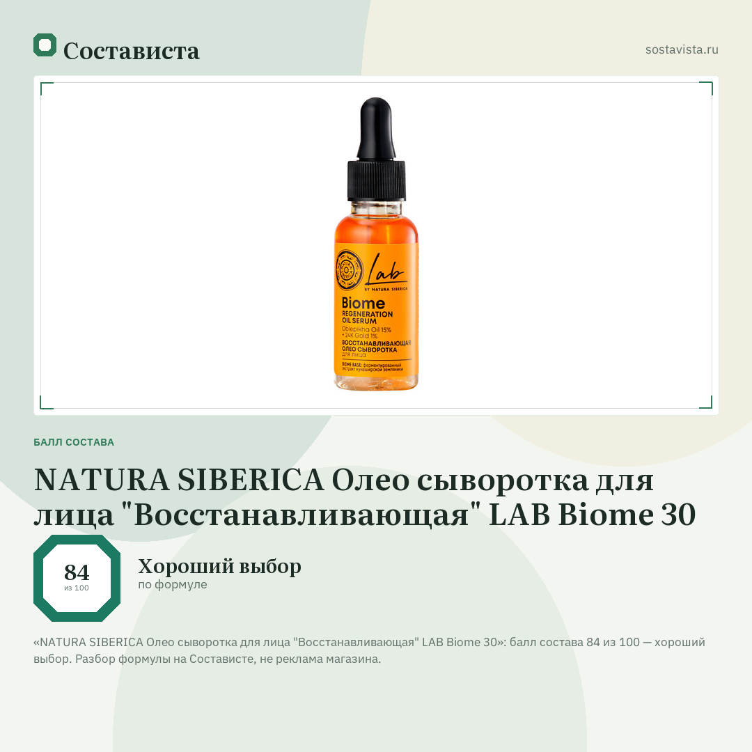 NATURA SIBERICA Олео сыворотка для лица "Восстанавливающая" LAB Biome 30: балл состава 84 из 100 — Состависта