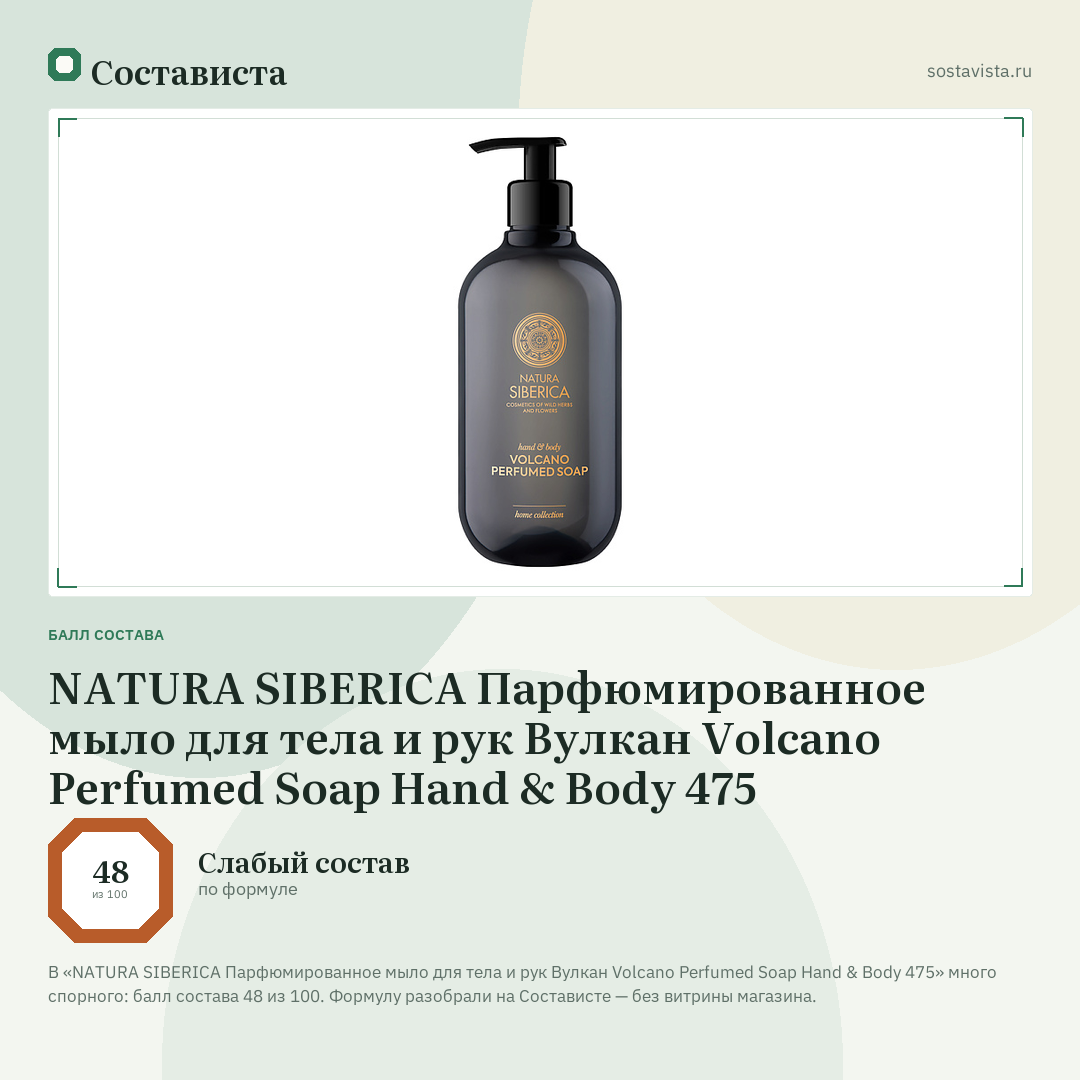 NATURA SIBERICA Парфюмированное мыло для тела и рук Вулкан Volcano Perfumed Soap Hand & Body 475: балл состава 48 из 100 — Состависта