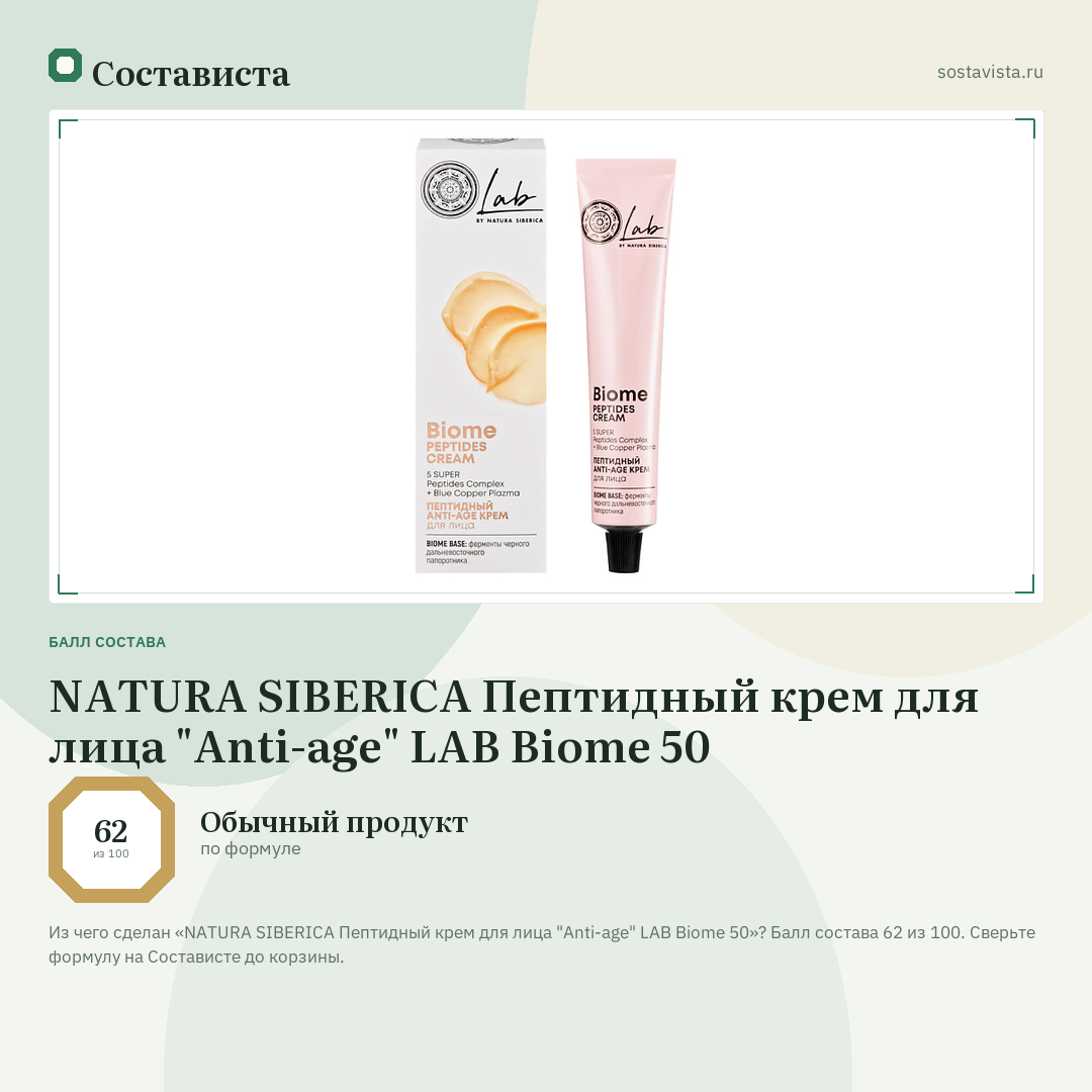 NATURA SIBERICA Пептидный крем для лица "Anti-age" LAB Biome 50: балл состава 62 из 100 — Состависта