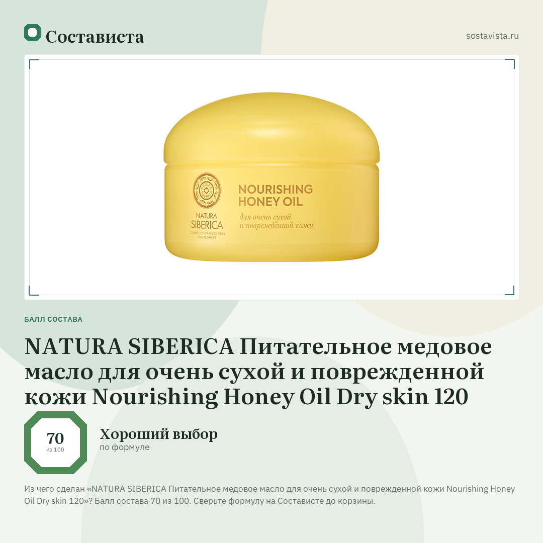 NATURA SIBERICA Питательное медовое масло для очень сухой и поврежденной кожи Nourishing Honey Oil Dry skin 120: балл состава 70 из 100 — Состависта