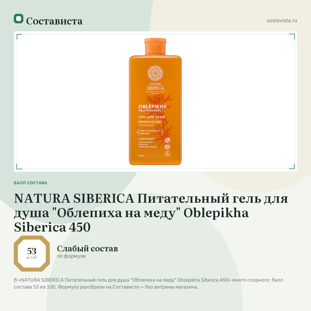 NATURA SIBERICA Питательный гель для душа "Облепиха на меду" Oblepikha Siberica 450: балл состава 53 из 100 — Состависта