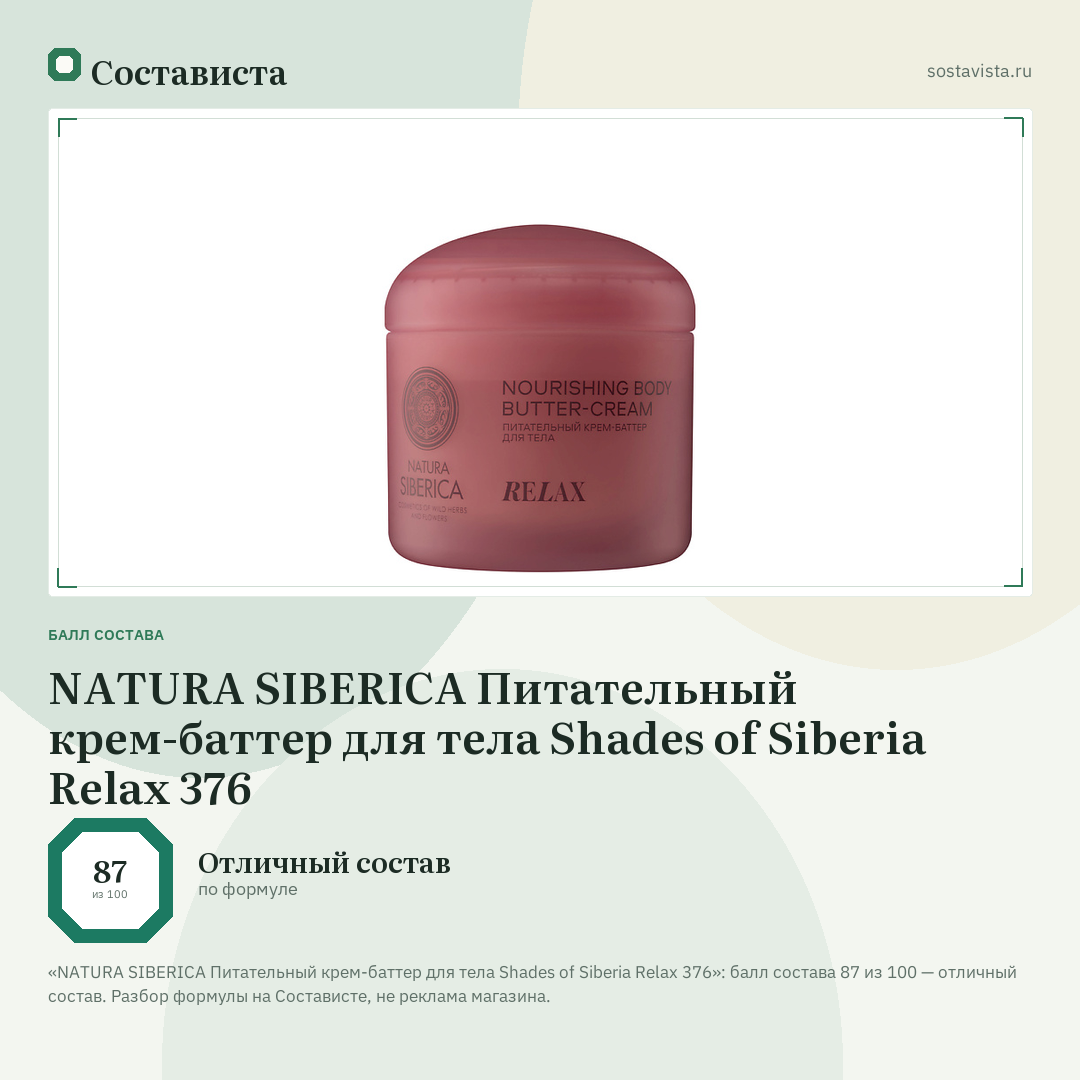 NATURA SIBERICA Питательный крем-баттер для тела Shades of Siberia Relax 376: балл состава 87 из 100 — Состависта