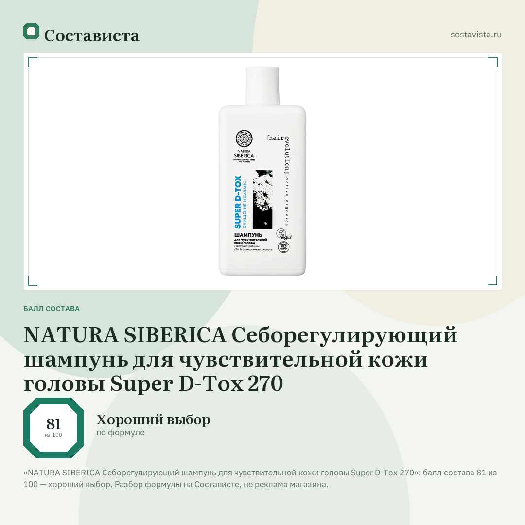 NATURA SIBERICA Себорегулирующий шампунь для чувствительной кожи головы Super D-Tox 270: балл состава 81 из 100 — Состависта