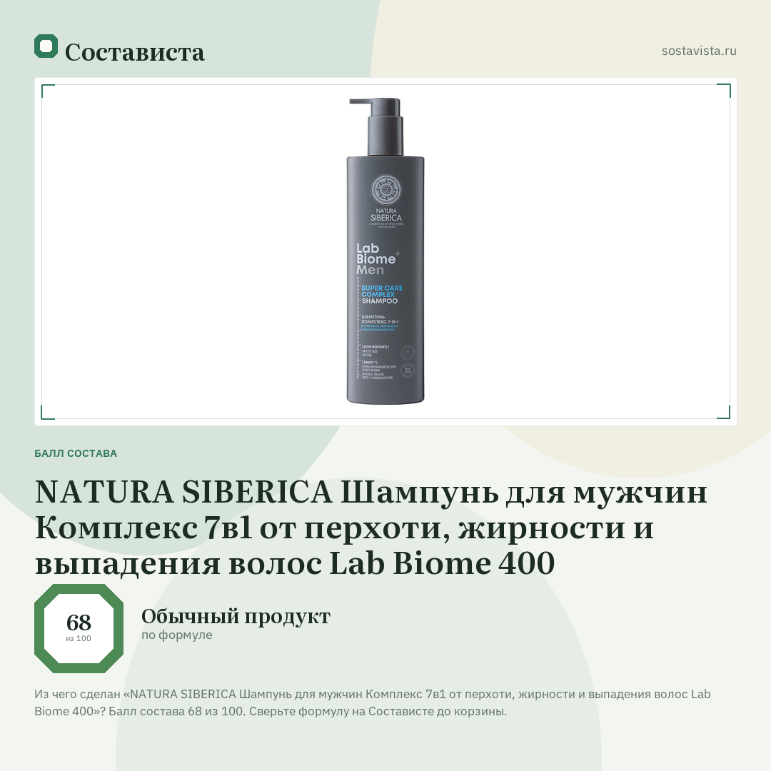 NATURA SIBERICA Шампунь для мужчин Комплекс 7в1 от перхоти, жирности и выпадения волос Lab Biome 400: балл состава 68 из 100 — Состависта