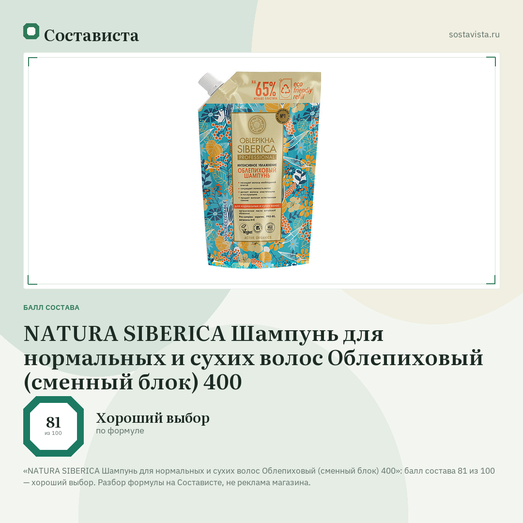 NATURA SIBERICA Шампунь для нормальных и сухих волос Облепиховый (сменный блок) 400: балл состава 81 из 100 — Состависта