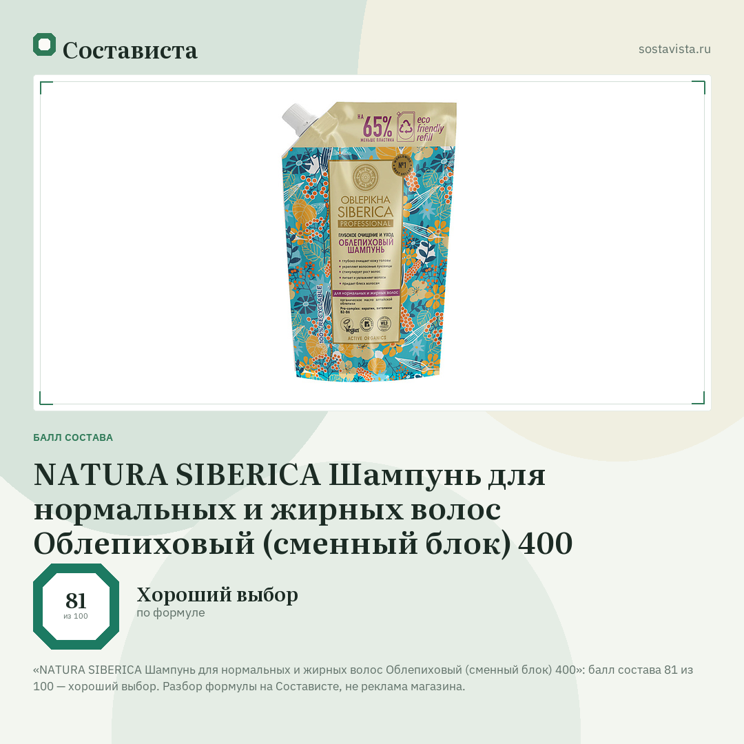 NATURA SIBERICA Шампунь для нормальных и жирных волос Облепиховый (сменный блок) 400: балл состава 81 из 100 — Состависта