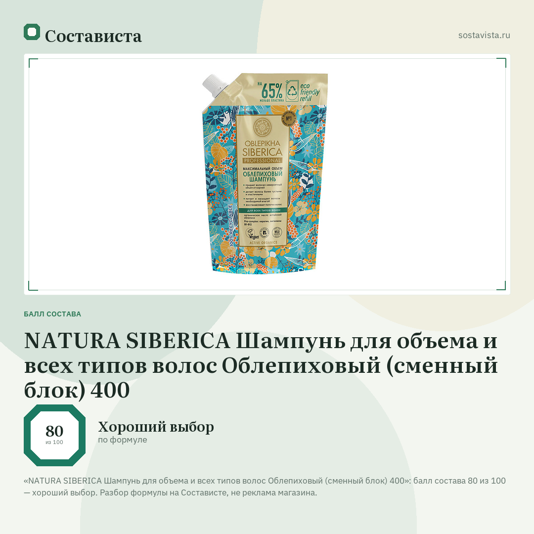 NATURA SIBERICA Шампунь для объема и всех типов волос Облепиховый (сменный блок) 400: балл состава 80 из 100 — Состависта