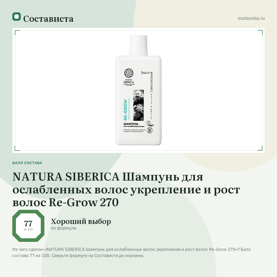 NATURA SIBERICA Шампунь для ослабленных волос укрепление и рост волос Re-Grow 270: балл состава 77 из 100 — Состависта