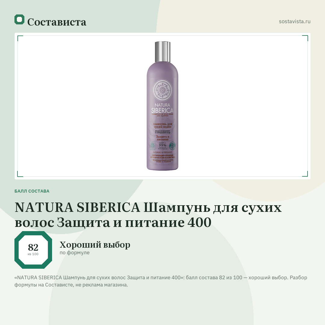 NATURA SIBERICA Шампунь для сухих волос Защита и питание 400: балл состава 82 из 100 — Состависта