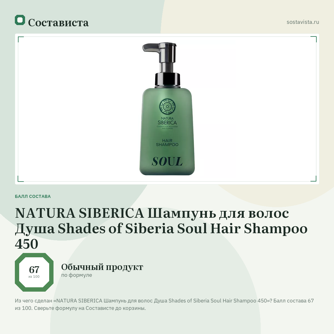 NATURA SIBERICA Шампунь для волос Душа Shades of Siberia Soul Hair Shampoo 450: балл состава 67 из 100 — Состависта