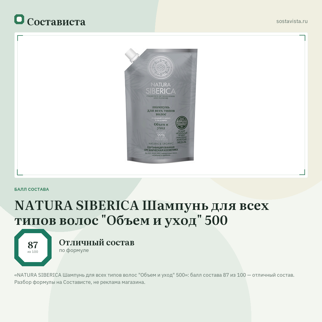 NATURA SIBERICA Шампунь для всех типов волос "Объем и уход" 500: балл состава 87 из 100 — Состависта