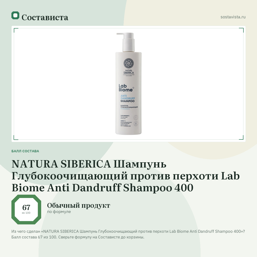 NATURA SIBERICA Шампунь Глубокоочищающий против перхоти Lab Biome Anti Dandruff Shampoo 400: балл состава 67 из 100 — Состависта