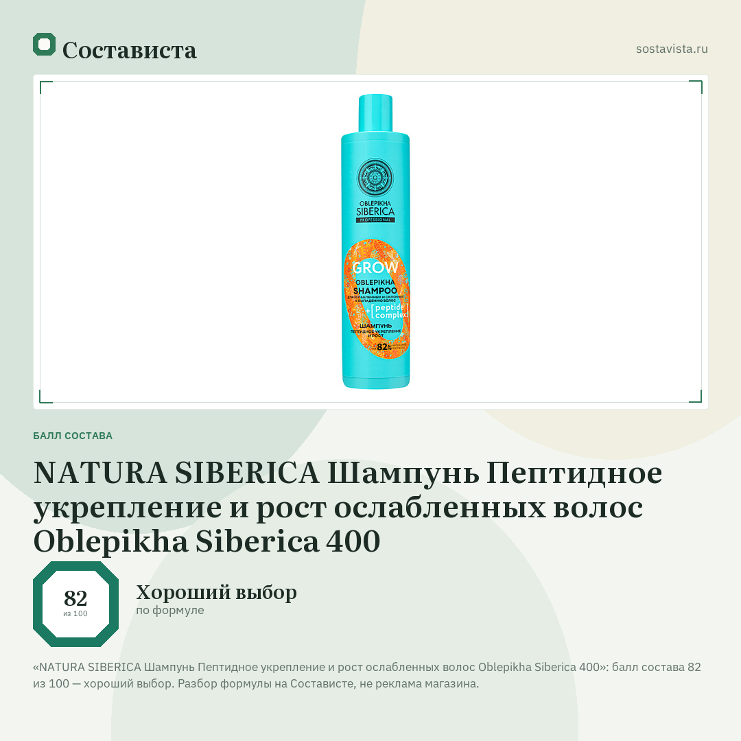 NATURA SIBERICA Шампунь Пептидное укрепление и рост ослабленных волос Oblepikha Siberica 400: балл состава 82 из 100 — Состависта