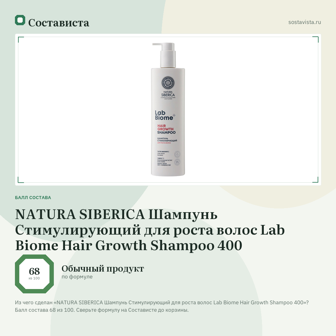 NATURA SIBERICA Шампунь Стимулирующий для роста волос Lab Biome Hair Growth Shampoo 400: балл состава 68 из 100 — Состависта