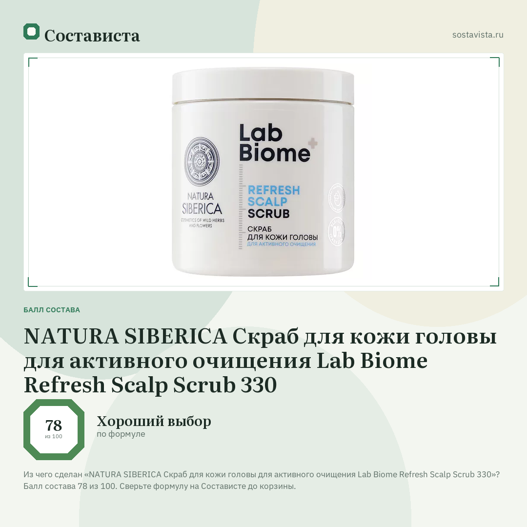NATURA SIBERICA Скраб для кожи головы для активного очищения Lab Biome Refresh Scalp Scrub 330: балл состава 78 из 100 — Состависта