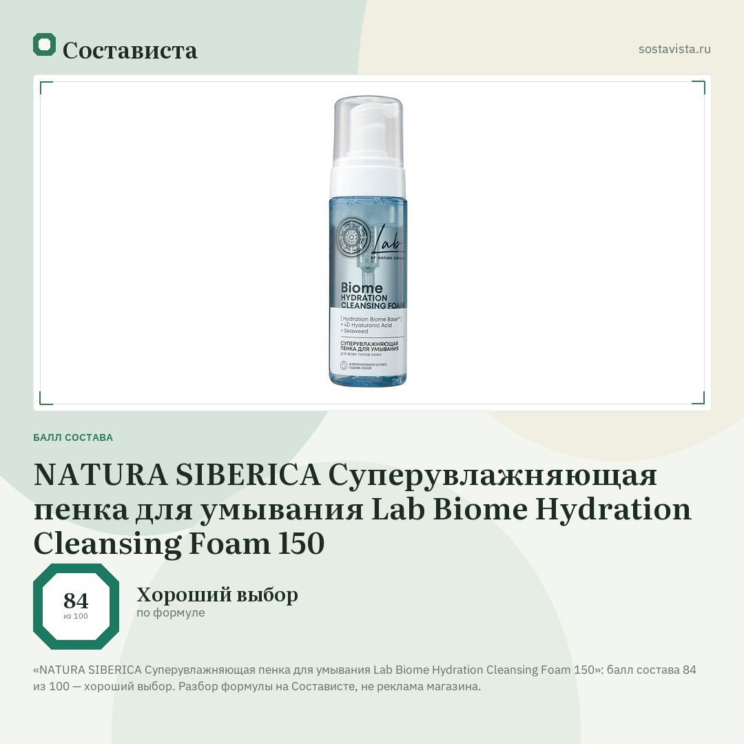 NATURA SIBERICA Суперувлажняющая пенка для умывания Lab Biome Hydration Cleansing Foam 150: балл состава 84 из 100 — Состависта