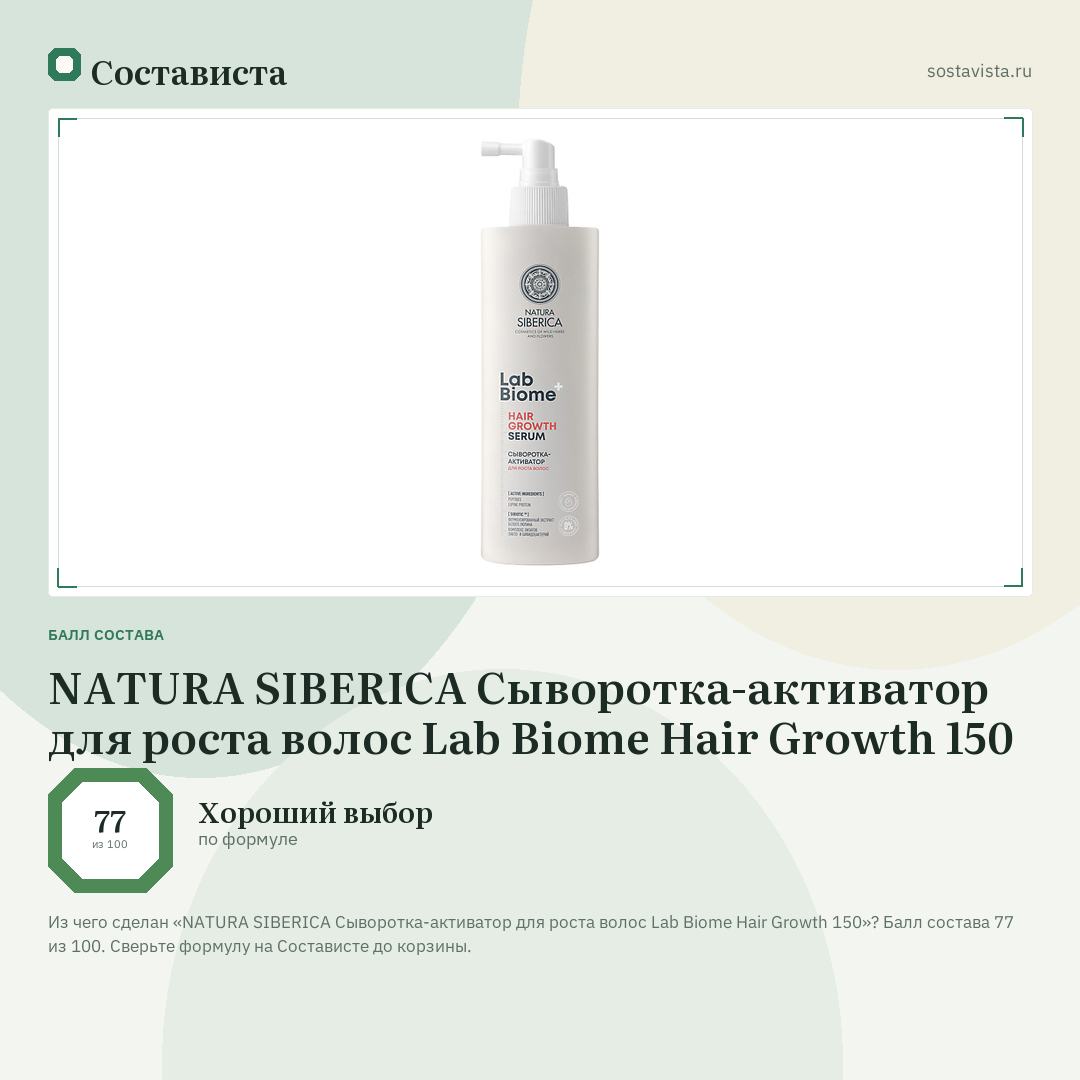 NATURA SIBERICA Сыворотка-активатор для роста волос Lab Biome Hair Growth 150: балл состава 77 из 100 — Состависта