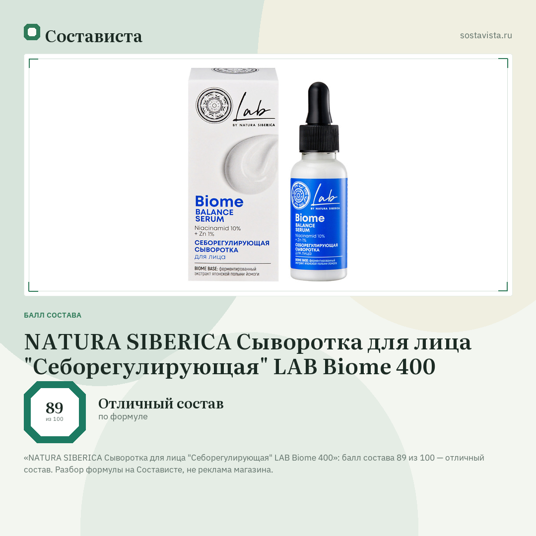 NATURA SIBERICA Сыворотка для лица "Себорегулирующая" LAB Biome 400: балл состава 89 из 100 — Состависта
