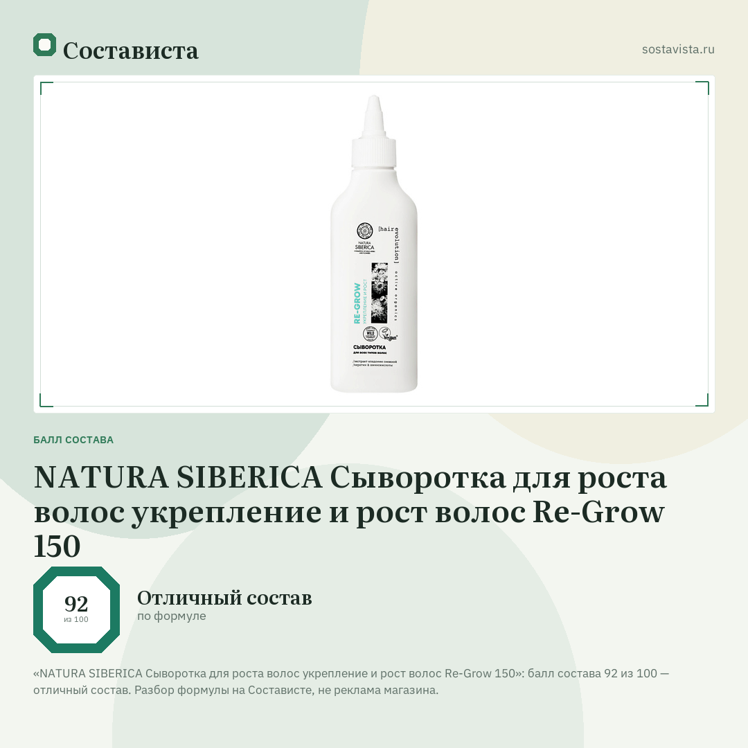 NATURA SIBERICA Сыворотка для роста волос укрепление и рост волос Re-Grow 150: балл состава 92 из 100 — Состависта