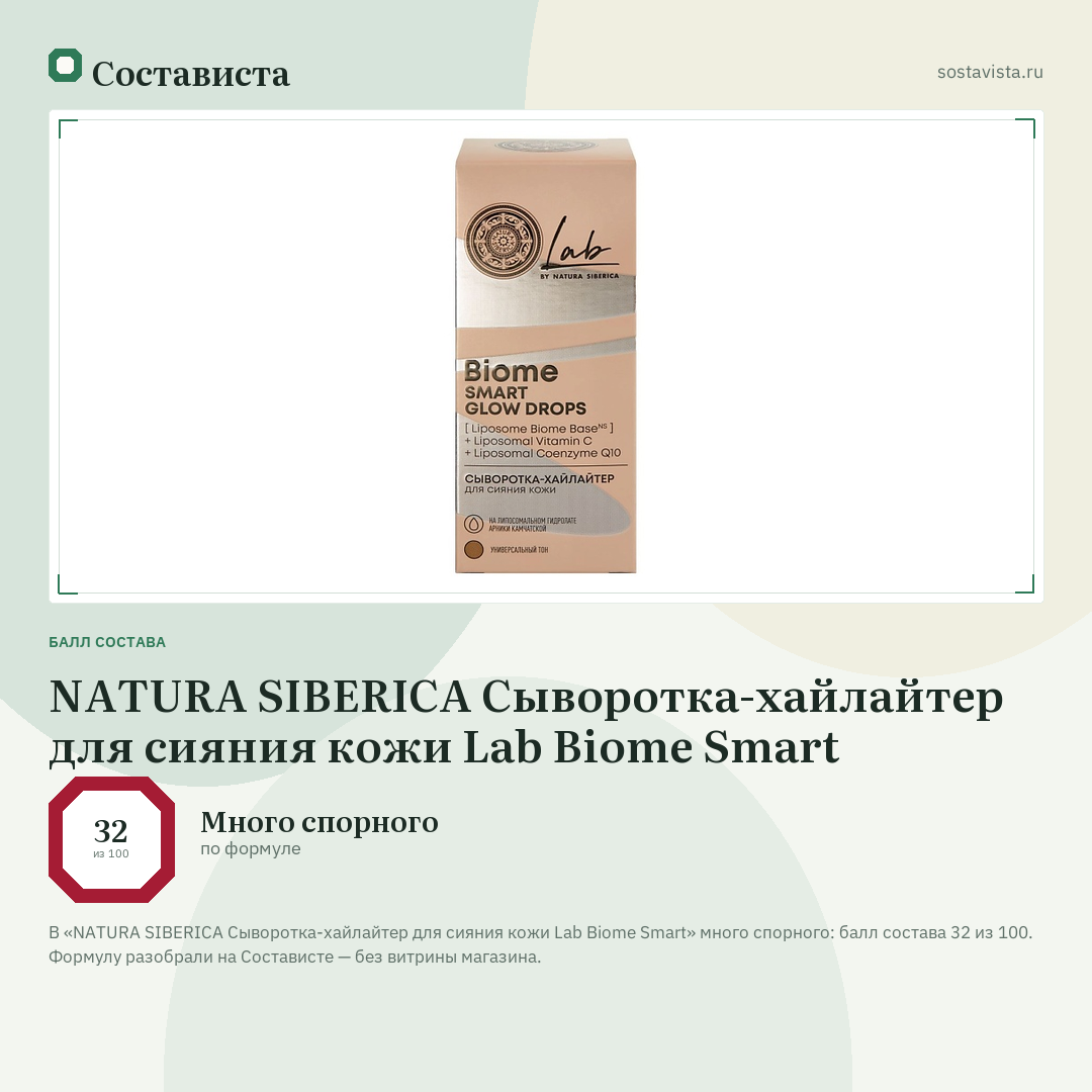 NATURA SIBERICA Сыворотка-хайлайтер для сияния кожи Lab Biome Smart: балл состава 32 из 100 — Состависта