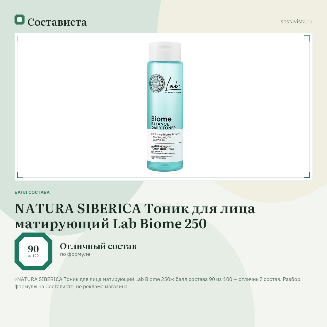 NATURA SIBERICA Тоник для лица матирующий Lab Biome 250: балл состава 90 из 100 — Состависта
