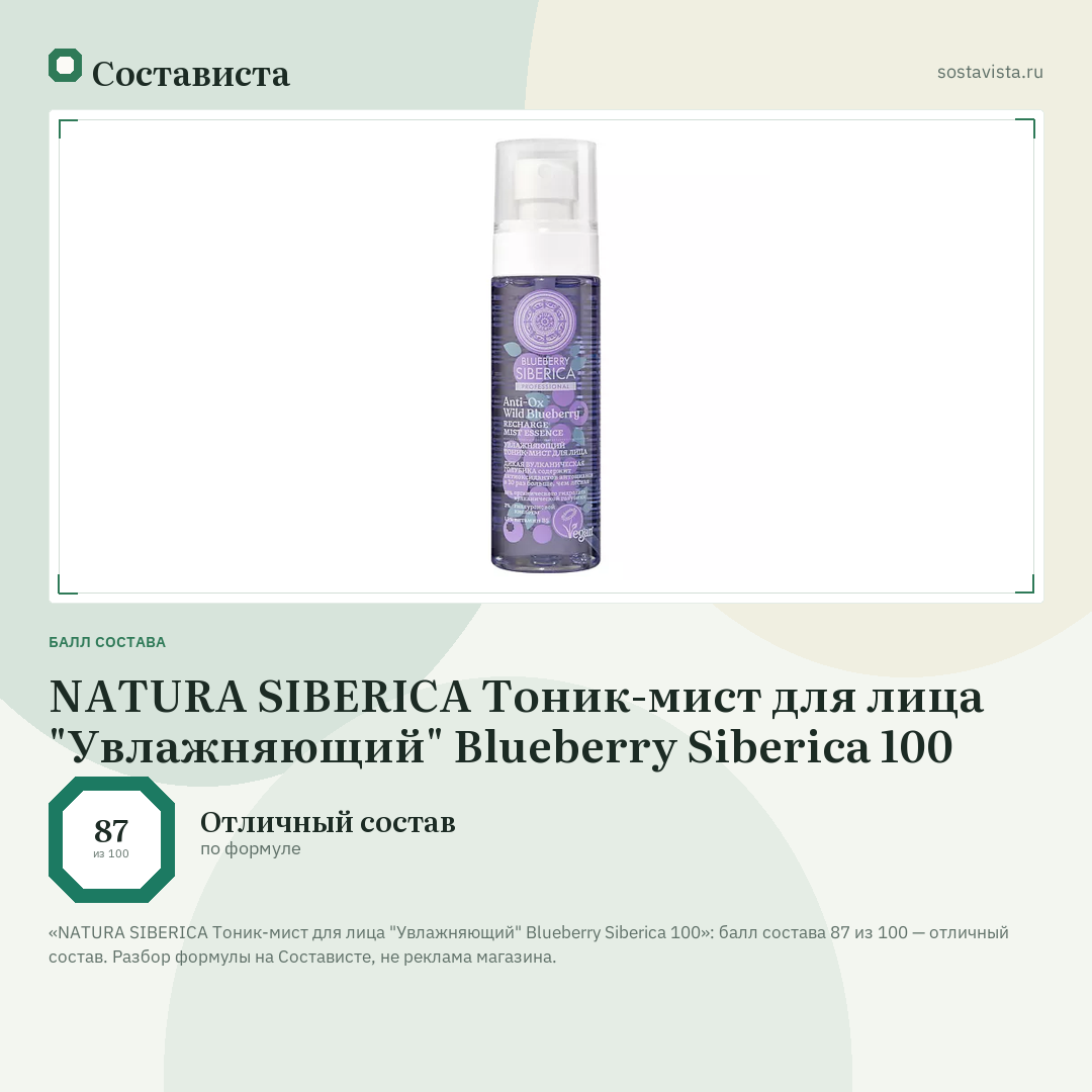 NATURA SIBERICA Тоник-мист для лица "Увлажняющий" Blueberry Siberica 100: балл состава 87 из 100 — Состависта