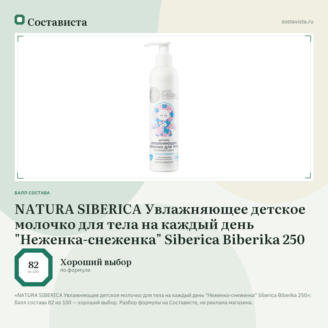 NATURA SIBERICA Увлажняющее детское молочко для тела на каждый день "Неженка-снеженка" Siberica Biberika 250: балл состава 82 из 100 — Состависта