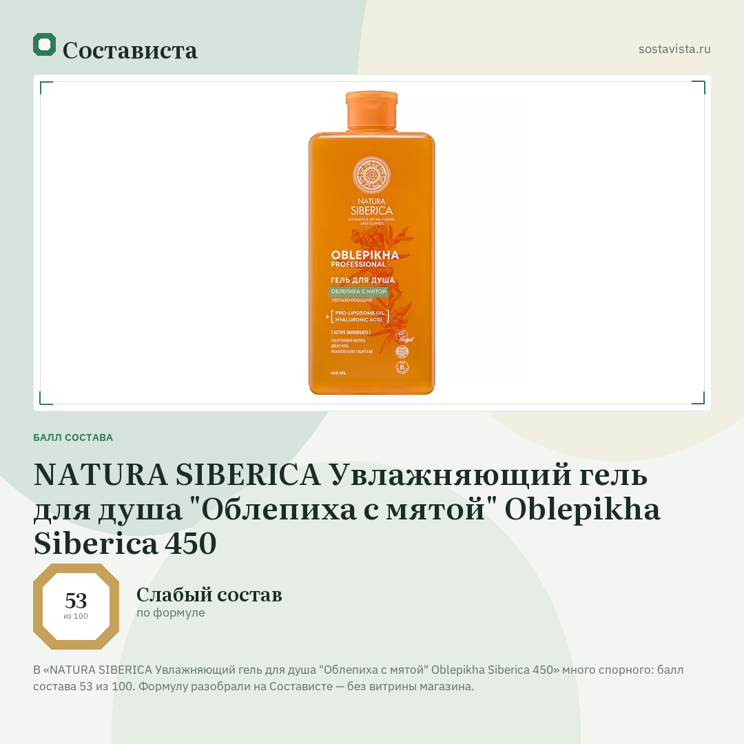 NATURA SIBERICA Увлажняющий гель для душа "Облепиха с мятой" Oblepikha Siberica 450: балл состава 53 из 100 — Состависта