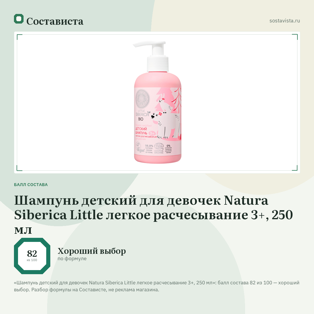 Шампунь детский для девочек Natura Siberica Little легкое расчесывание 3+, 250 мл: балл состава 82 из 100 — Состависта