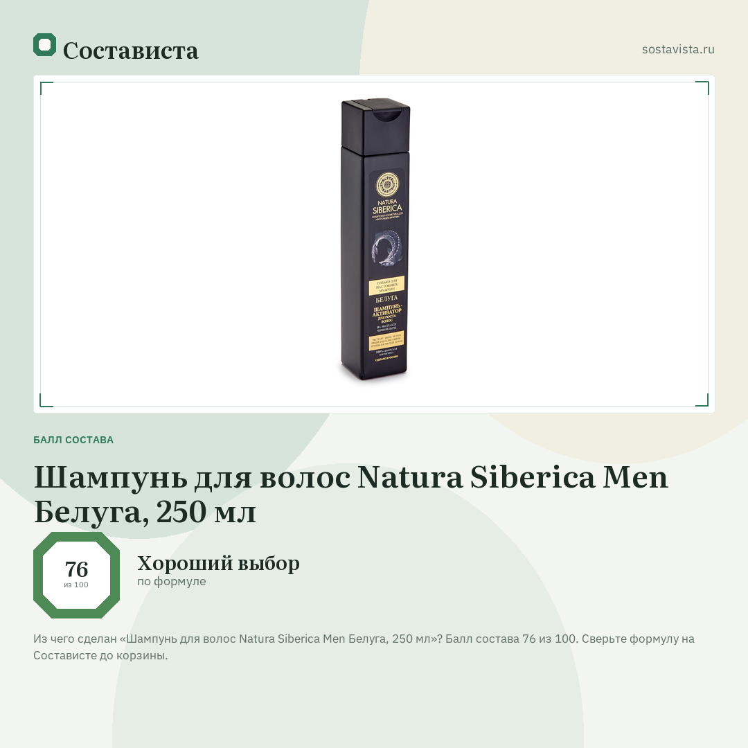 Шампунь для волос Natura Siberica Men Белуга, 250 мл: балл состава 76 из 100 — Состависта