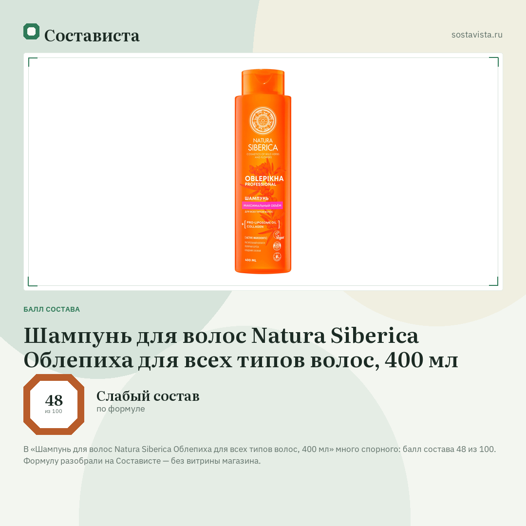 Шампунь для волос Natura Siberica Облепиха для всех типов волос, 400 мл: балл состава 48 из 100 — Состависта