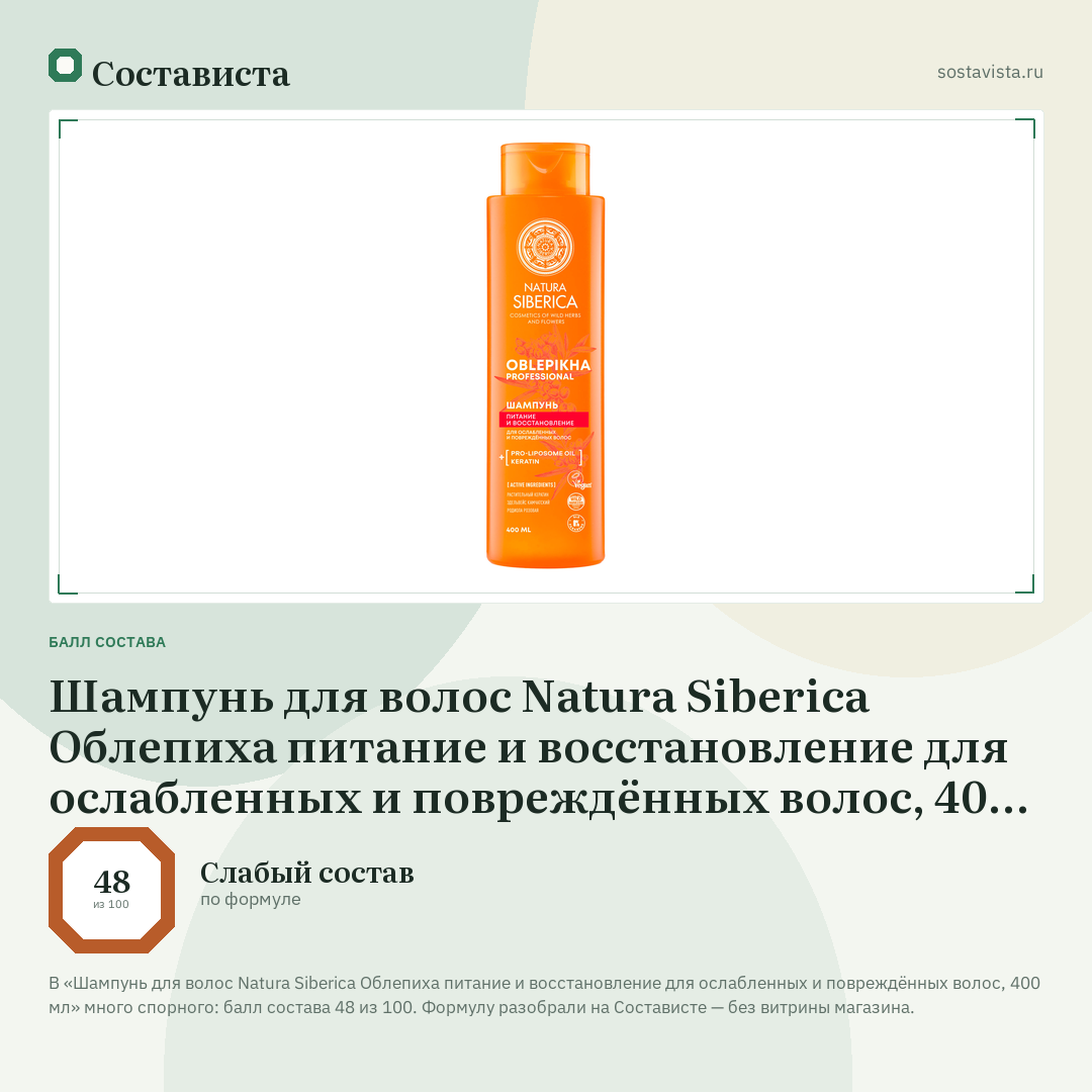 Шампунь для волос Natura Siberica Облепиха питание и восстановление для ослабленных и повреждённых волос, 400 мл: балл состава 48 из 100 — Состависта