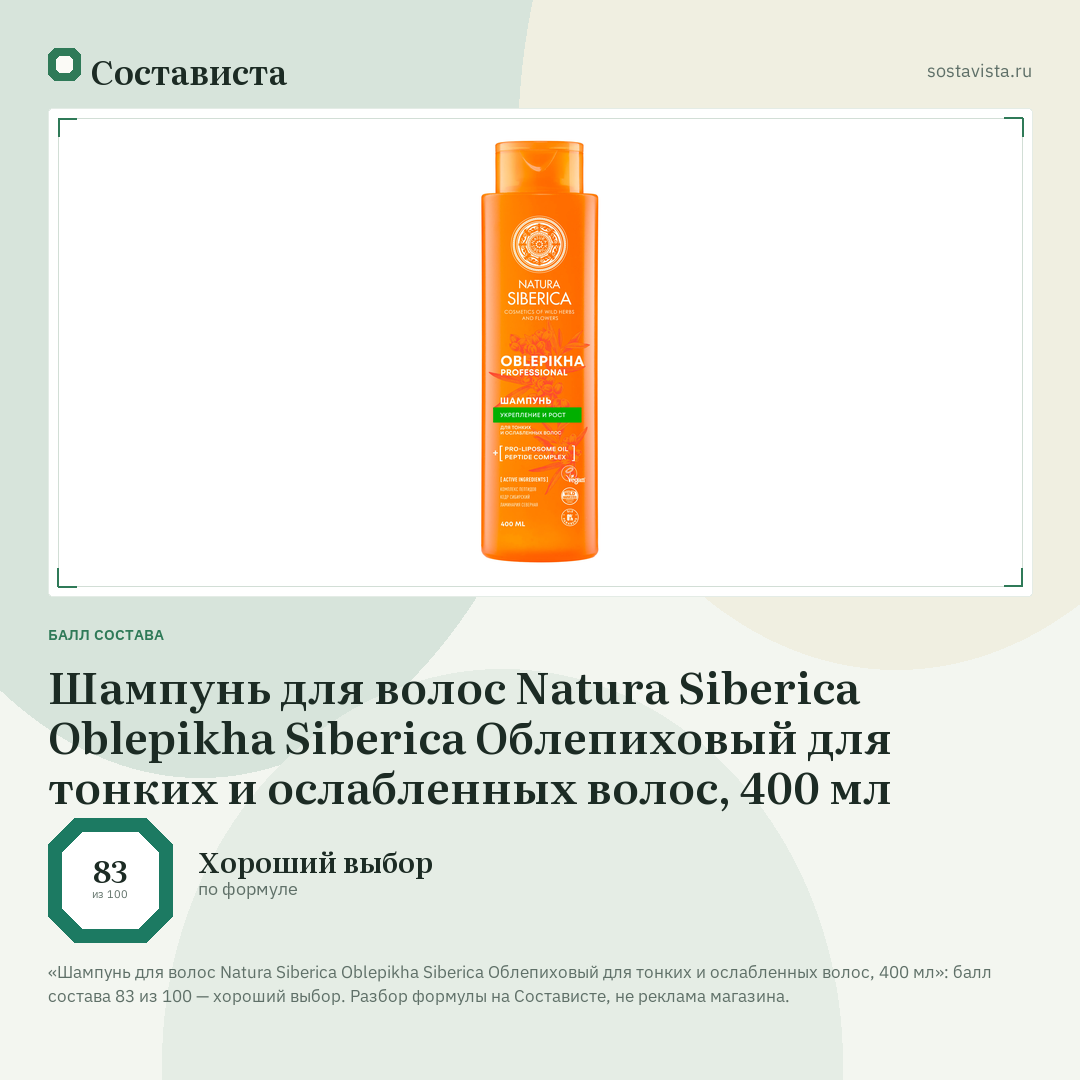 Шампунь для волос Natura Siberica Oblepikha Siberica Облепиховый для тонких и ослабленных волос, 400 мл: балл состава 83 из 100 — Состависта