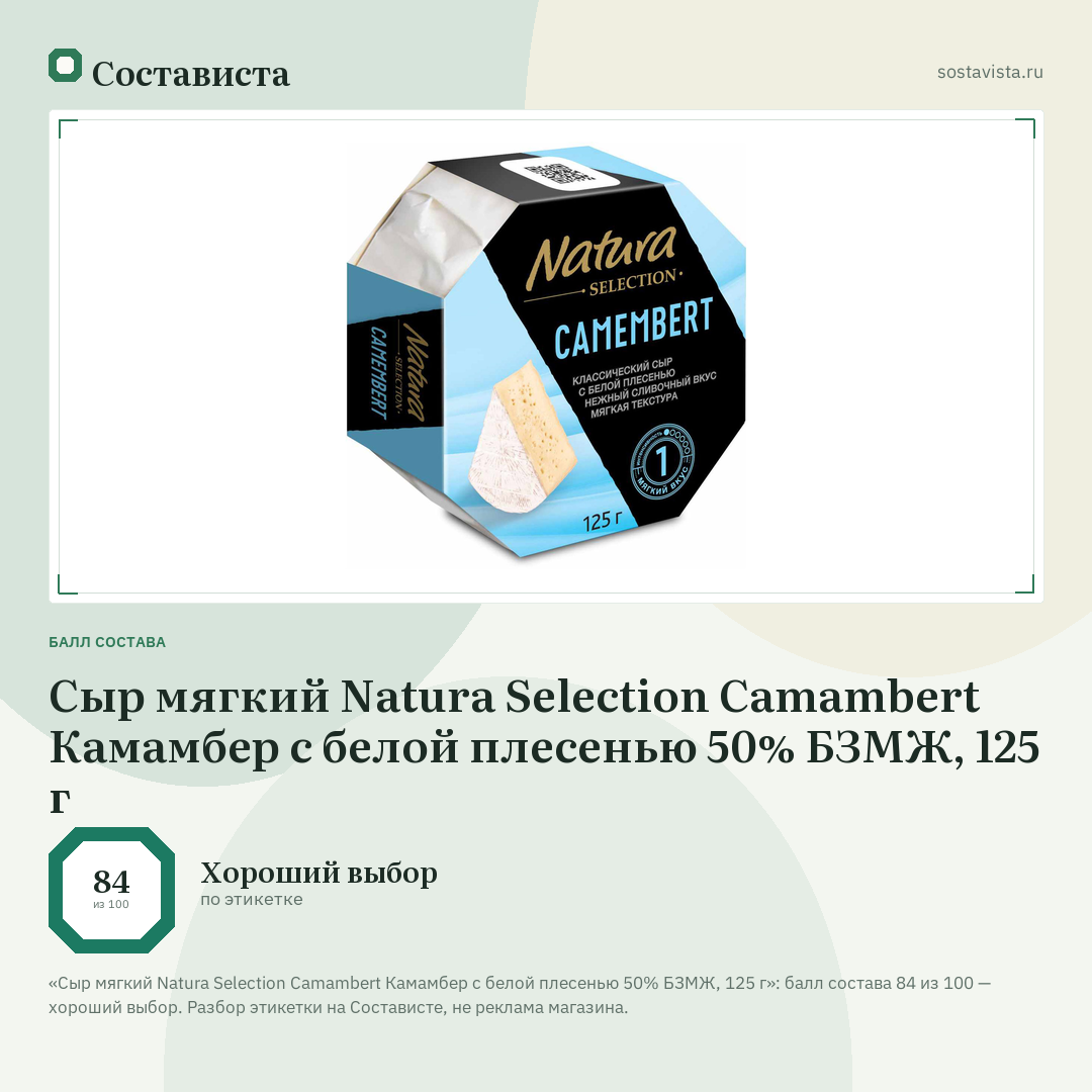 Сыр мягкий Natura Selection Camambert Камамбер с белой плесенью 50% БЗМЖ, 125 г: балл состава 84 из 100 — Состависта