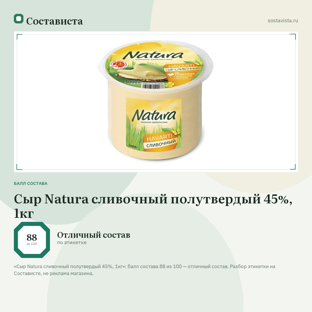 Сыр Natura сливочный полутвердый 45%, 1кг: балл состава 88 из 100 — Состависта